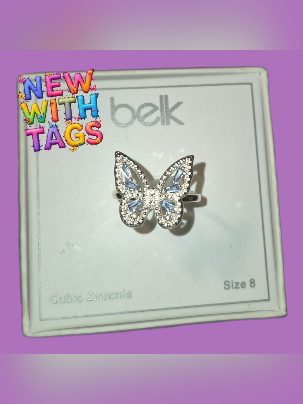Belk Butterfly Cubic Zirconia Ring - Sterling Silver with Light Blue Stones-NWT